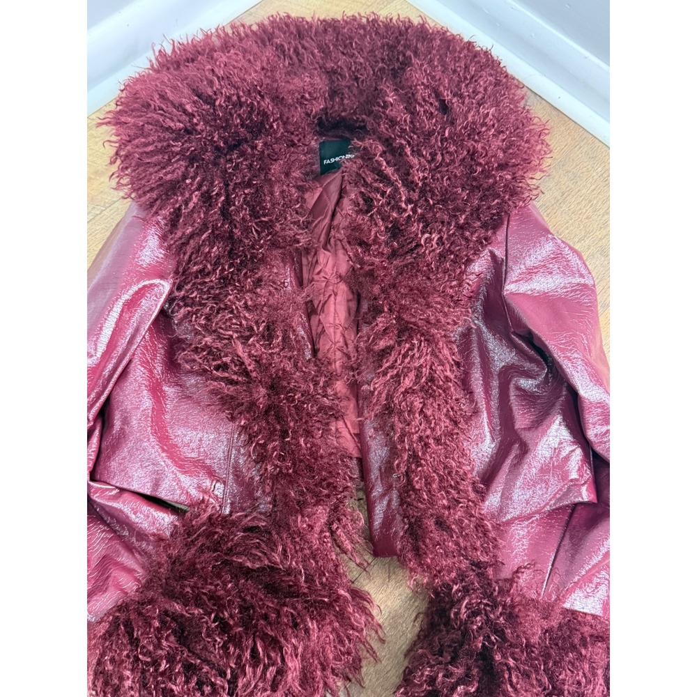 Fashion Nova Womens Burgundy Faux Leather Faux Fur Trim Cropped Jacket XL Wine